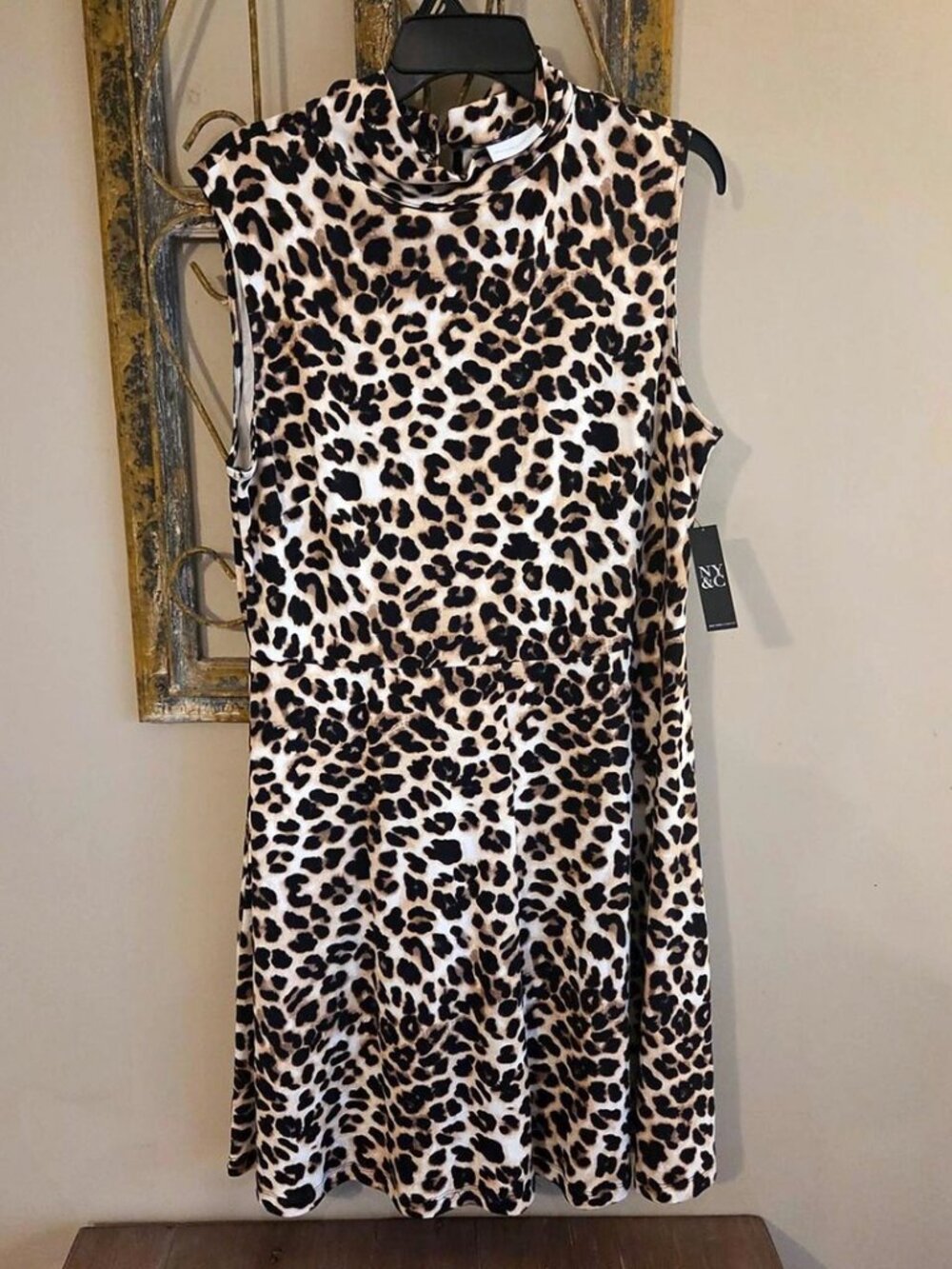 New York & Company Leopard Print Mock Neck Sleeveless Dress Tan Black XL NWT